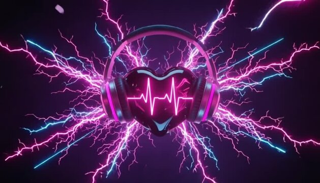A dark purple glass heart with large over-ear headphones and a bright neon cardiogram line, powerful electrical surges and plasma arcs flying outward. A video banner for K-pop music concerts