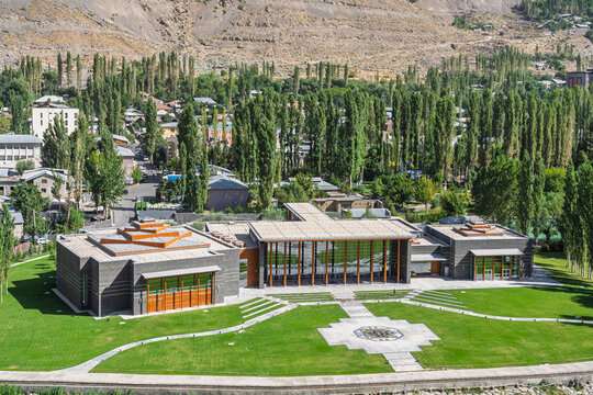 Khorog, Gorno-Badakhshan, Tajikistan - 08 19 2025 : Cityscape view of modern traditional architecture Ismaili Jamatkhana center by Farouk Noormohamed