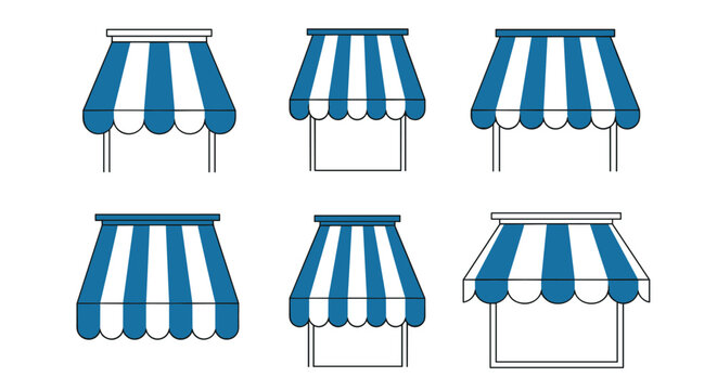 Set of six blue and white striped storefront awnings in various shapes and frames for shops and cafes on a white background.