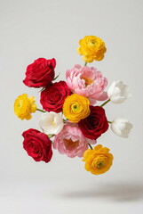 Flowers background. Bright colors flying flowers close up. Copy space. Holiday backdrop, product presentation display.