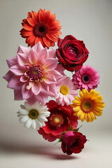 Flowers background. Bright colors floating flower close up. Copy space. Holiday backdrop, product presentation display.