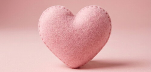 Obraz premium Pink felt heart handmade close up on pink background banner . Copy space. Valentine's day symbol, love, romantic.