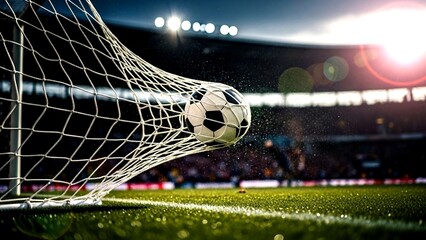 Dynamic soccer ball hitting the goal net during an exciting match in a stadium.