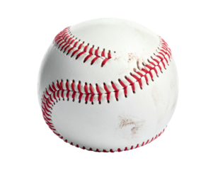 A close-up shot of a baseball with red stitching, on a clean black background
