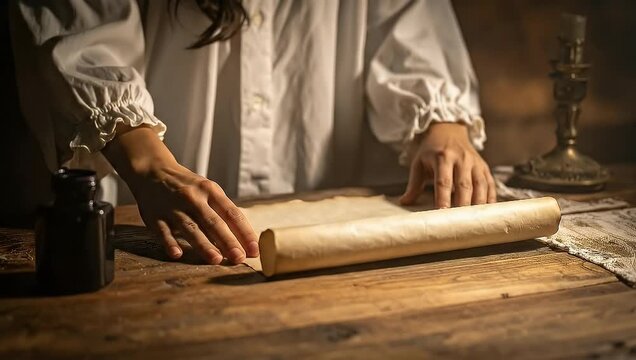 Person working on a scroll with a quill and ink on a wooden table.