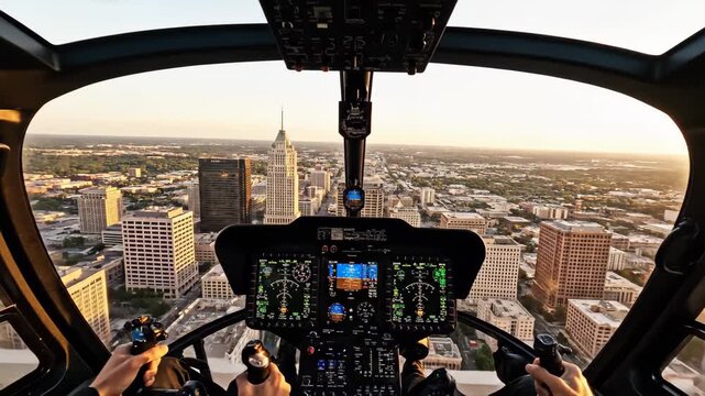 4K Video: Helicopter taking off from urban skyscraper rooftop helipad