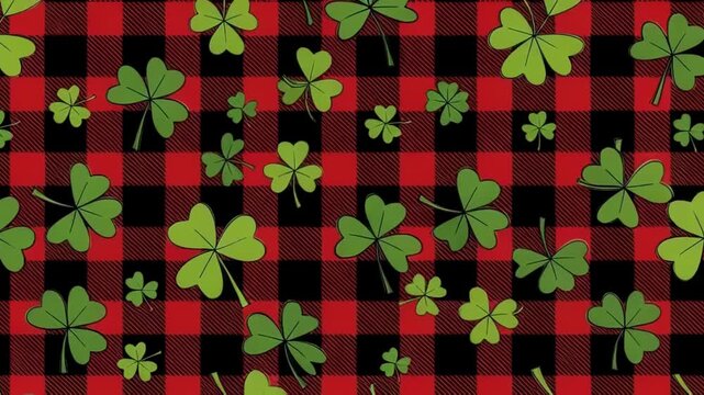 Seamless shamrock pattern on red and black plaid inspired by celtic traditions