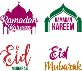Ramadan Kareem and Eid Mubarak Typography Set - Islamic Mosque Silhouette Vector