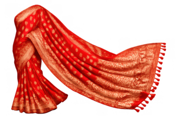 Traditional indian red silk saree with golden embroidery and elegant drapery, featuring decorative tassels, on a transparent background