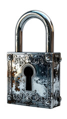 Ornate, weathered silver padlock with keyhole and decorative embellishments