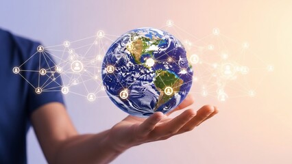 Man holding a digital globe with connections.