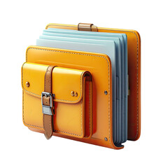 Orange leather briefcase holding papers. Detailed with buckle and pocket