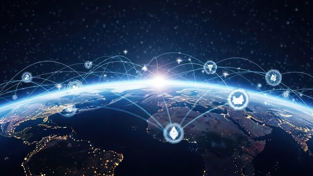 Earth globe with connected icons, symbolizing global network and data flow over a dark starry sky - Powered by Adobe