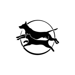 Dynamic silhouettes of a running dog and cat within a circular frame