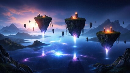 Fantasy landscape Floating islands with glowing lights above water, sunset sky