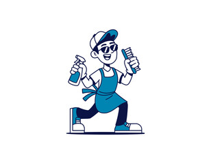 Enthusiastic barber mascot character ready for hair styling and grooming services with a cheerful smile