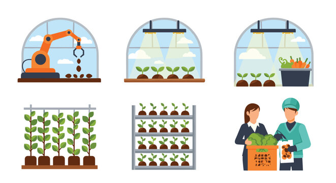 Modern greenhouse and vertical farming illustrations, featuring automated robotic arms, hydroponic systems with grow lights, and people harvesting fresh vegetables.