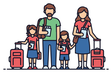 Family of Four with Luggage Ready to Travel.