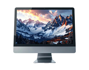 Fototapeta premium Sleek desktop computer displaying a mountain vista against a black backdrop