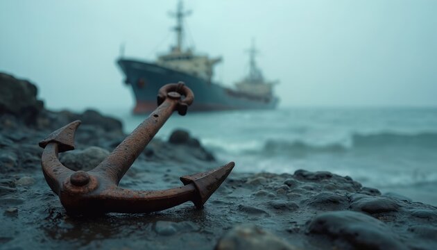 Rusty ship anchor rests on wet rocky shore. Large vessel sails on misty ocean water. Nautical object waits for sea voyage. Marine symbol for journey.