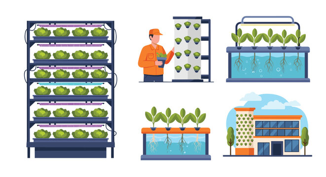 Set of illustrations depicting vertical farming and hydroponic systems, showing multi-layered racks with lettuce, aeroponics, and a modern vertical farm building.