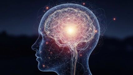 Glowing brain visualization inside a translucent head, with dark background