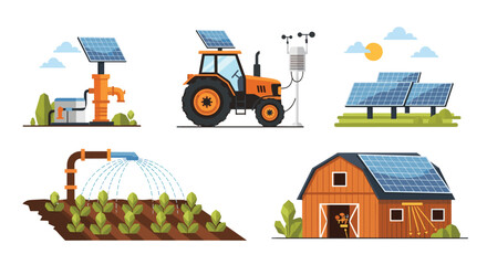 Fototapeta premium Illustrations of renewable energy in agriculture, featuring solar panels powering a water pump, a tractor, a barn, and an irrigation system on a farm.