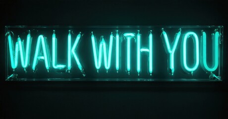 Obraz premium Bright turquoise neon sign displays text. Dark background emphasizes glowing lettering, creating dramatic visual impact. Simple, modern aesthetic.