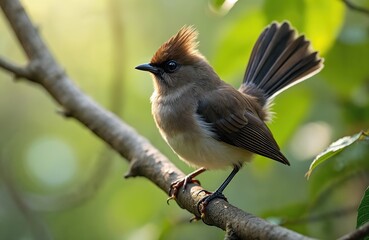 Fototapeta premium Small brown bird with a crest perches on a tree branch. It has a dark beak and eyes. The background is a soft blur of green leaves and light.