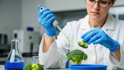 Lab worker in glasses and gloves, analyzing broccoli with a pipette, scientific setting