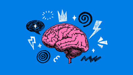 Trendy collage of sketch brain with doodle bubbles and arrows. Education, university, school, psychology, mental health, coaching, e-learning, wellness concept. Hand drawn vector illustration.