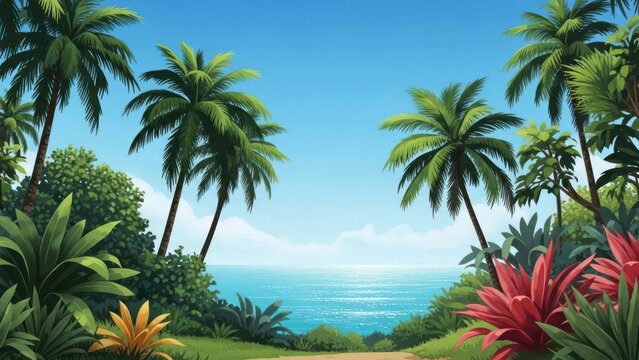 Lush tropical landscape with palm trees framing the ocean view under a clear blue sky - Powered by Adobe