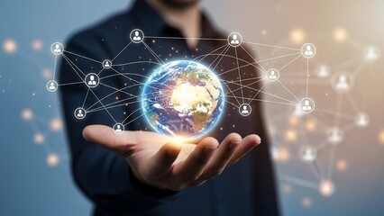 Businessman holding global network connection.