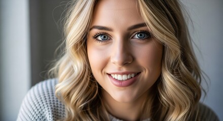 Fototapeta premium Close-up portrait of a smiling young woman with blonde wavy hair and blue eyes, looking directly at the camera in a bright indoor setting