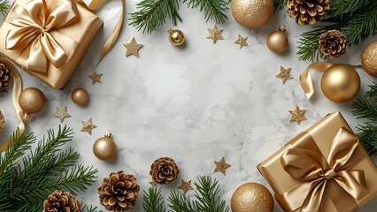 Luxury Christmas Flat Lay Background with Elegant Gift Boxes and Holiday Decorations