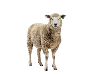 Fototapeta premium Lamb standing in isolation with woolly cream fleece and alert expression