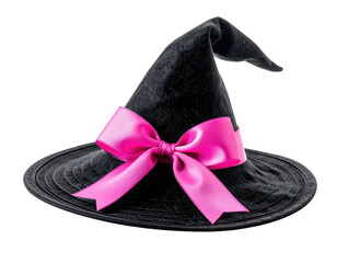 A black witch hat with a bright pink ribbon bow, isolated on black