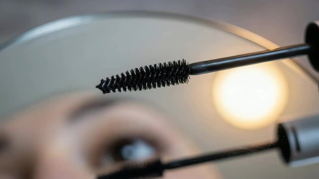 Mascara brush with precise beauty mood applying eye makeup against softly blurred mirror background with copy space