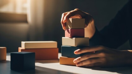Person's hands carefully stacking colorful wooden blocks on a white surface