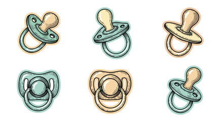 Set of assorted baby pacifiers in a vintage, hand-drawn sketch style, featuring different shapes and colors with a subtle retro color palette.