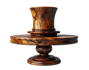 Polished wooden pedestal stand with tiered circular platform, isolated