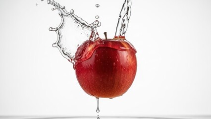 Red apple with water splashing over it against a plain white background
