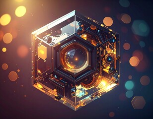 Futuristic metallic cube with glowing elements and abstract background.