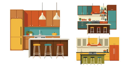 Collection of modern and retro kitchen interiors with islands, bar stools, cabinets, and appliances, showcasing various colorful and stylish design layouts.