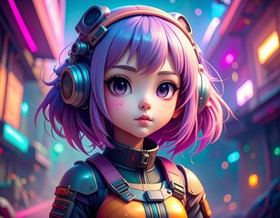 Futuristic Anime Girl in Neon Cityscape with Headphones.