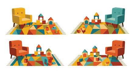 Obraz premium Four illustrations of a cozy children's playroom corner with a colorful armchair, a geometric rug, and a castle built from wooden toy blocks.