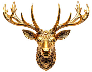 Golden stag head, intricately detailed, against a black background
