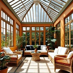 A sunroom with wicker furniture, large windows, and abundant greenery, offering a peaceful retreat.