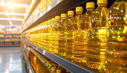 Supermarket Aisle with Rows of Golden Cooking Oil Bottles Creating Organized Retail Display