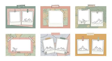 Collection of travel-themed scrapbook layouts featuring photo frames, world map backgrounds, washi tape, and illustrations of mountains and airplanes for memories.